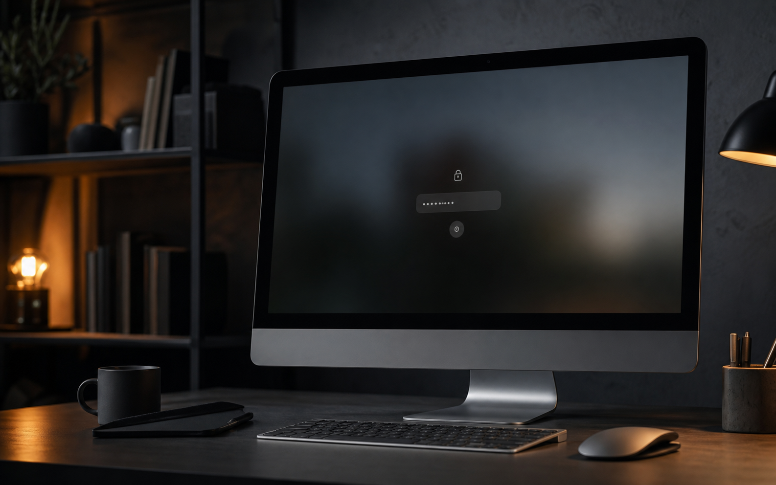 偽のパスワード画面と強制終了されたウィンドウに塞がれたMacデスクトップを描く写真による編集用イメージ