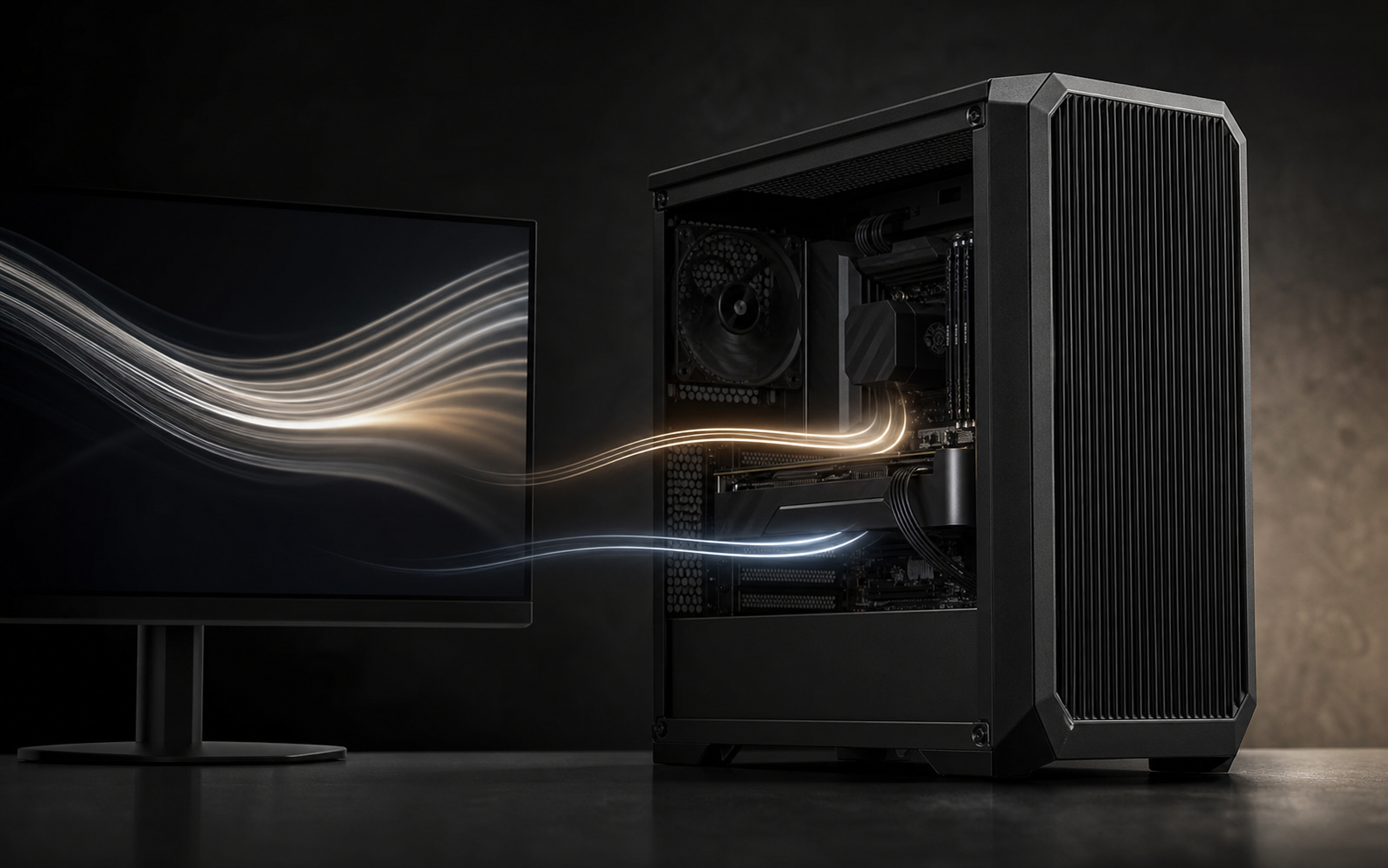 Illustrative photo of a professional computer tower between Intel and Apple silicon development paths