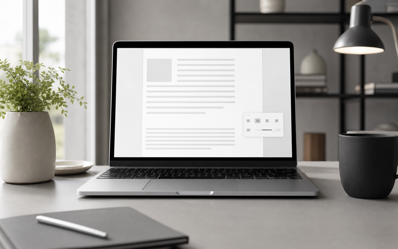 Editorial illustration of selected text with a floating contextual AI icon and popover on a desktop display