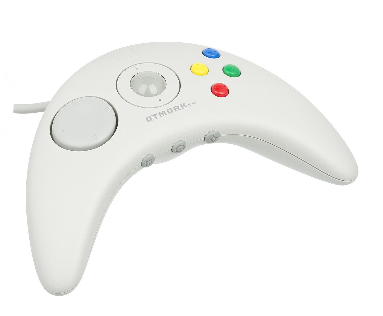 Archive photograph of the AppleJack, the white boomerang-shaped controller of the Apple Pippin console released with Bandai in 1996, on a white background. Illustration image: it is not one of the unannounced controllers found in macOS 26.7.